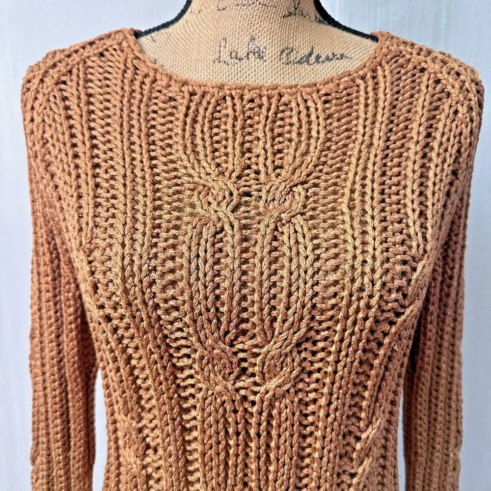 Vintage Anne Klein 90s Linen Blend Cable Knit Fisherman Sweater Camel SzM